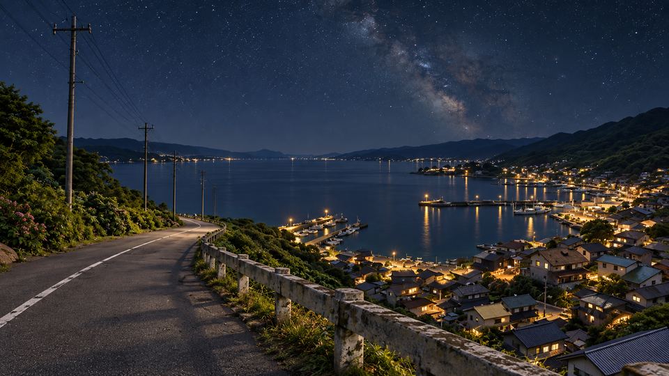 夜、天の川が見える港町の風景